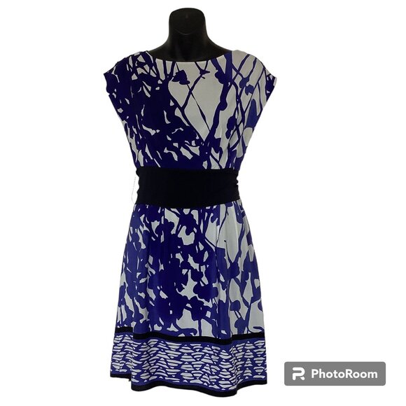 White with Cobalt Blue Foral Silk Dress with Sash - Picture 7 of 7